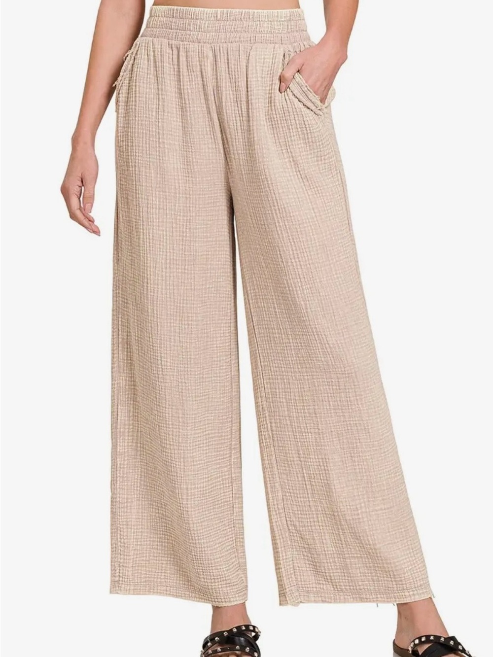 Wide-Leg Cotton Gauze Pants in Beige